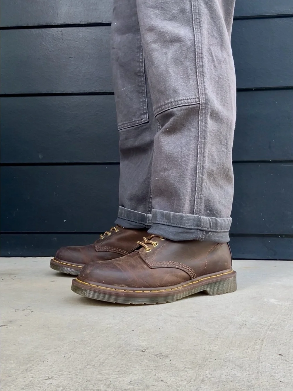 Dr. Martens Brown Leather 8-Eye Lace-Up Boots with Yellow Stitching